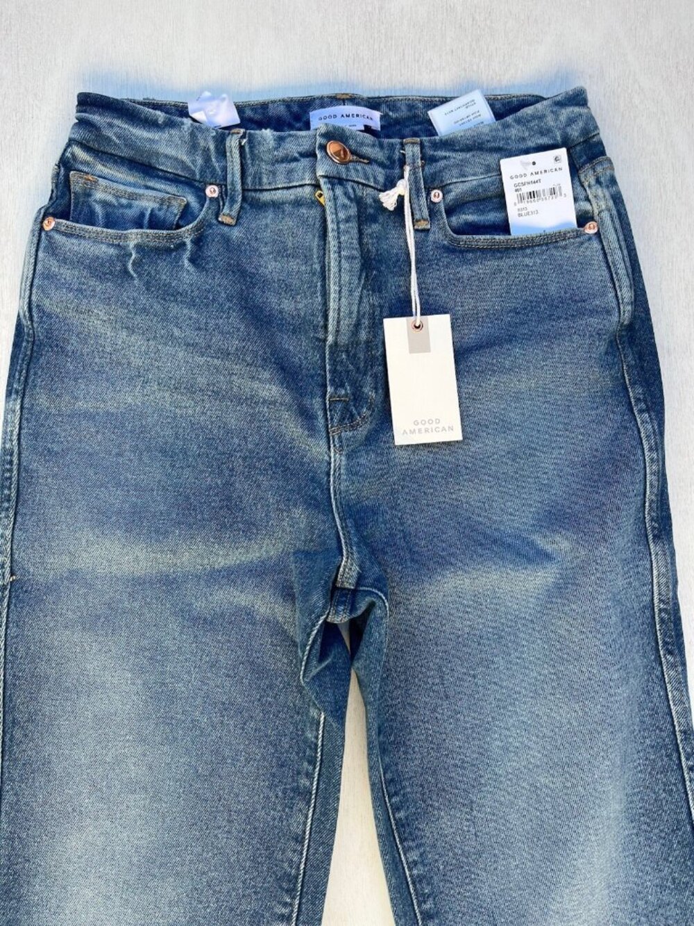 Good American Good Curve High Waist Frayed Straight Leg Jeans Blue 313 Size 6 NW - Picture 11 of 11